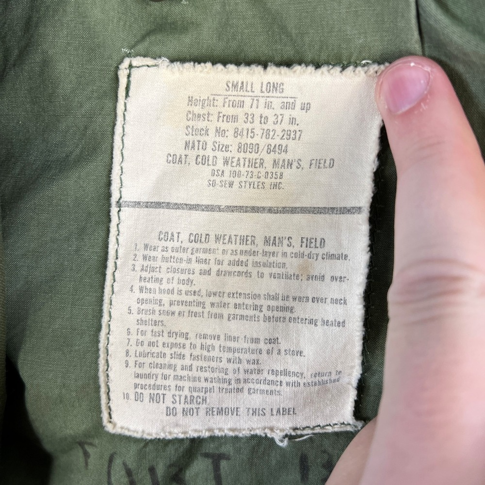 Vtg 1973 US Army M-65 Field Jacket Small‎ Long So-Sew Styles Cold Weather Coat - Picture 6 of 16